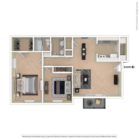 Floor plan for 2 beds, 1 bath, 775 sqft